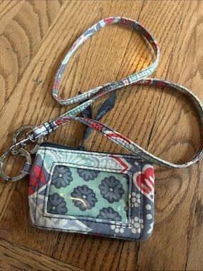 Vera Bradley Floral ID Lanyard Wallet in Mint, Gray & Red Accents